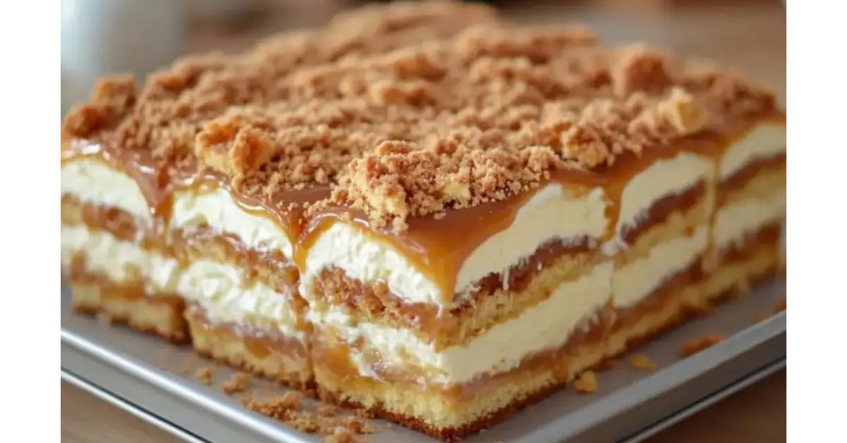 Prăjitura Nurorii Leneșe – rețetă fără coacere cu biscuiți, mascarpone și caramel